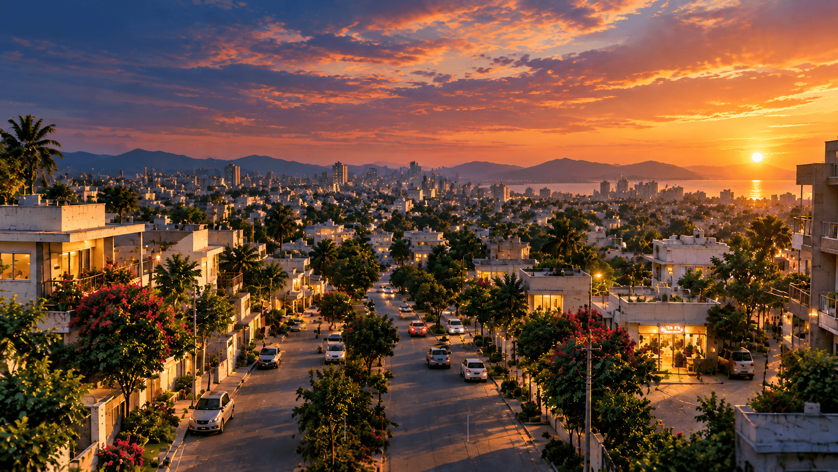 Sunset over peaceful local neighborhood