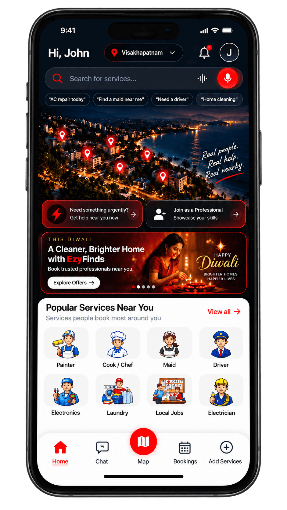EzyFinds App Screen with Popular Services