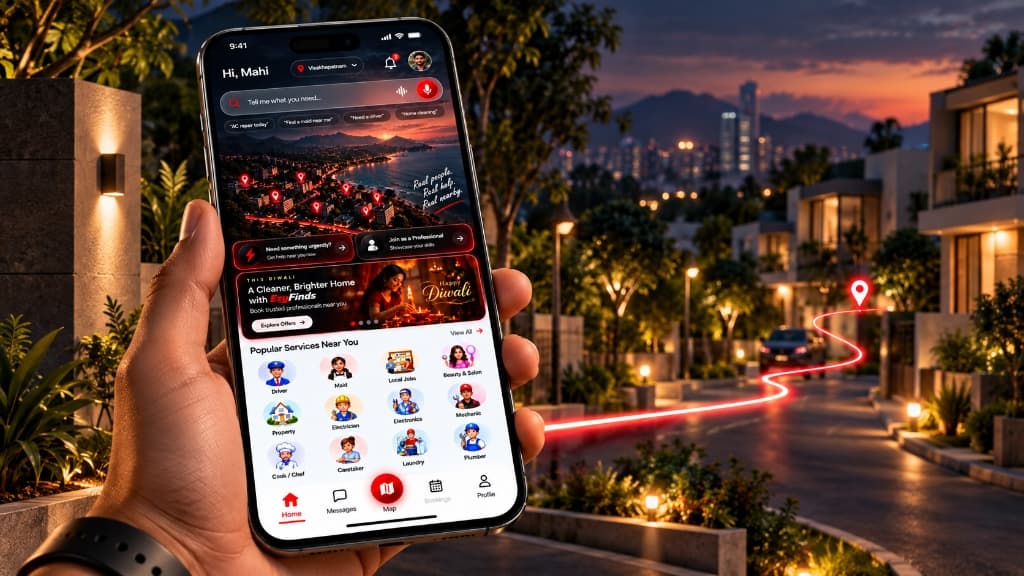 EzyFinds app interface showing search and local services